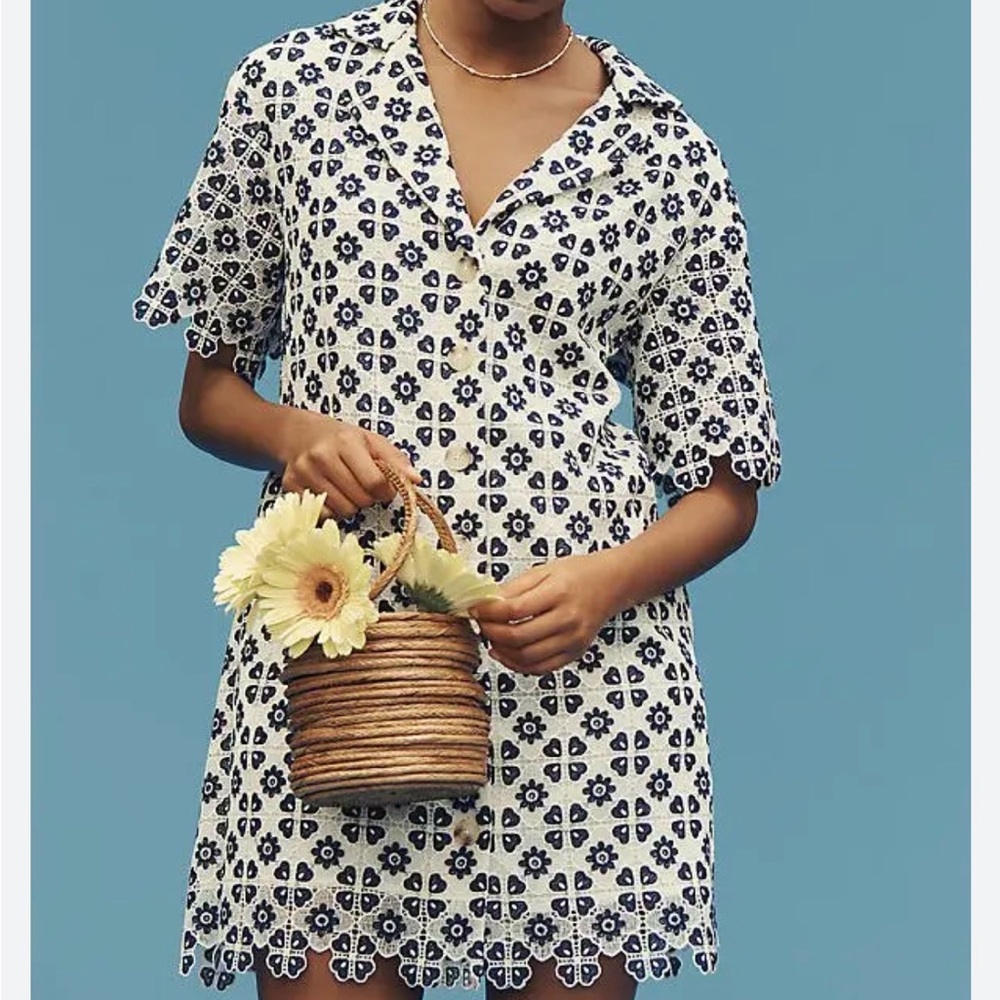 Anthropologie Maeve Short-Sleeve Geo Lace Mini Shirt Dress